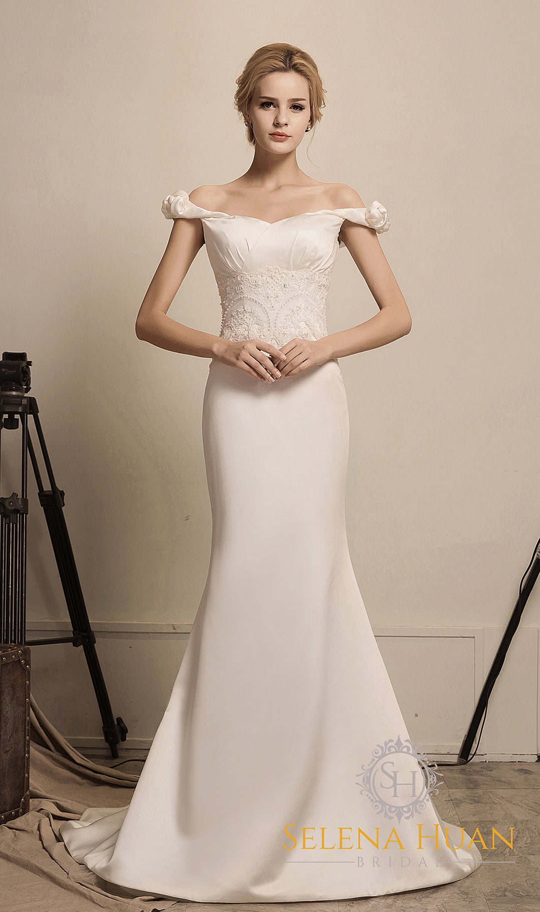 Rose Manor - Beaded Floral lace off-the-shoulder mermaid soft silky satin prom dress colored wedding dress