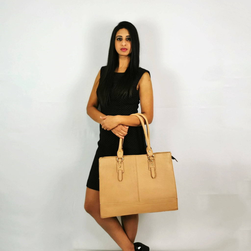 The Signature 17" Leather Laptop Bag, Beige