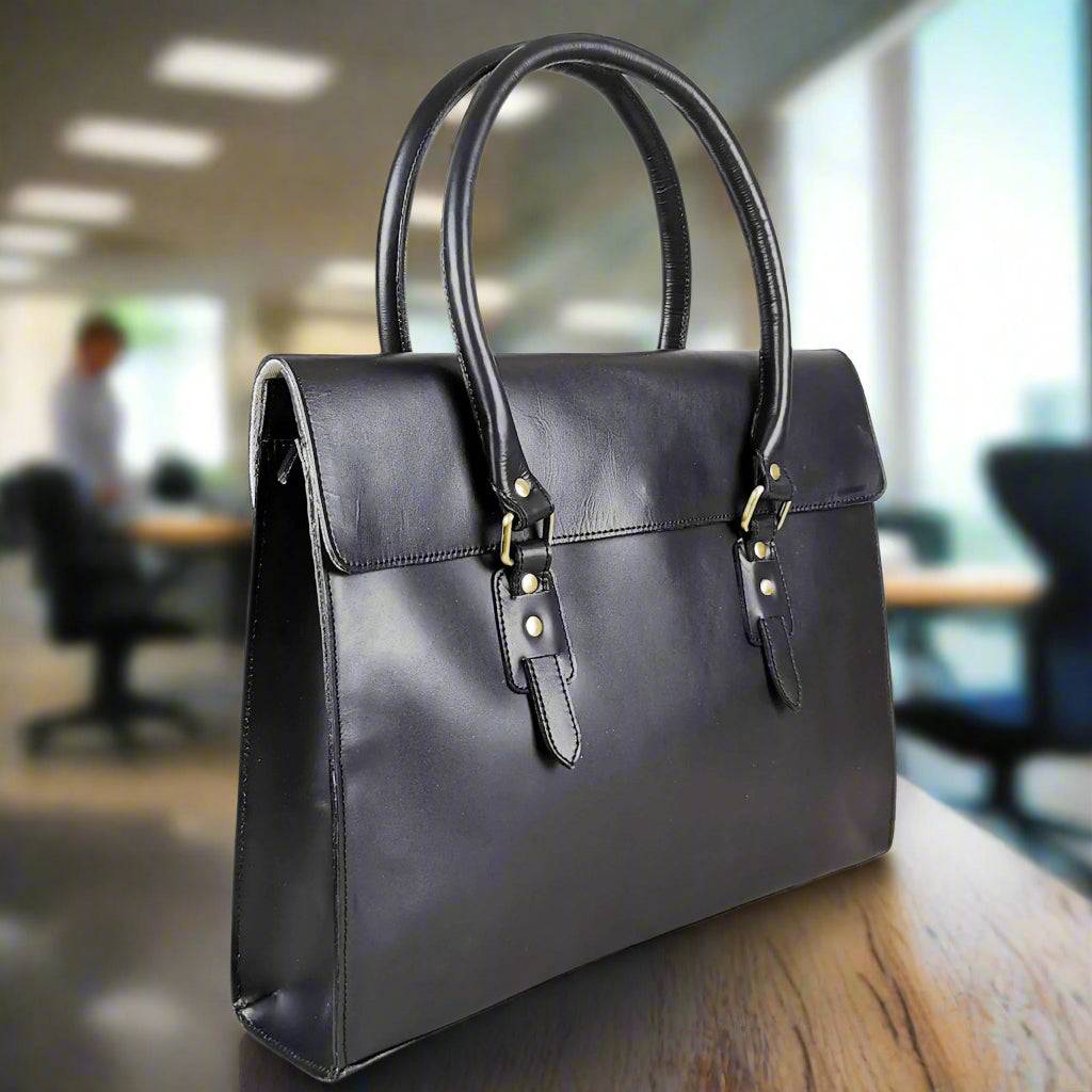 The Signature 17" Leather Laptop Bag, Black Flap