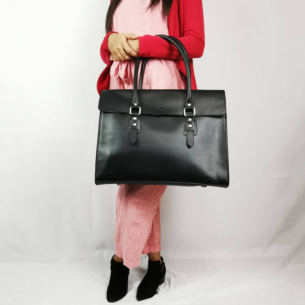 The Signature 17" Leather Laptop Bag, Black Flap