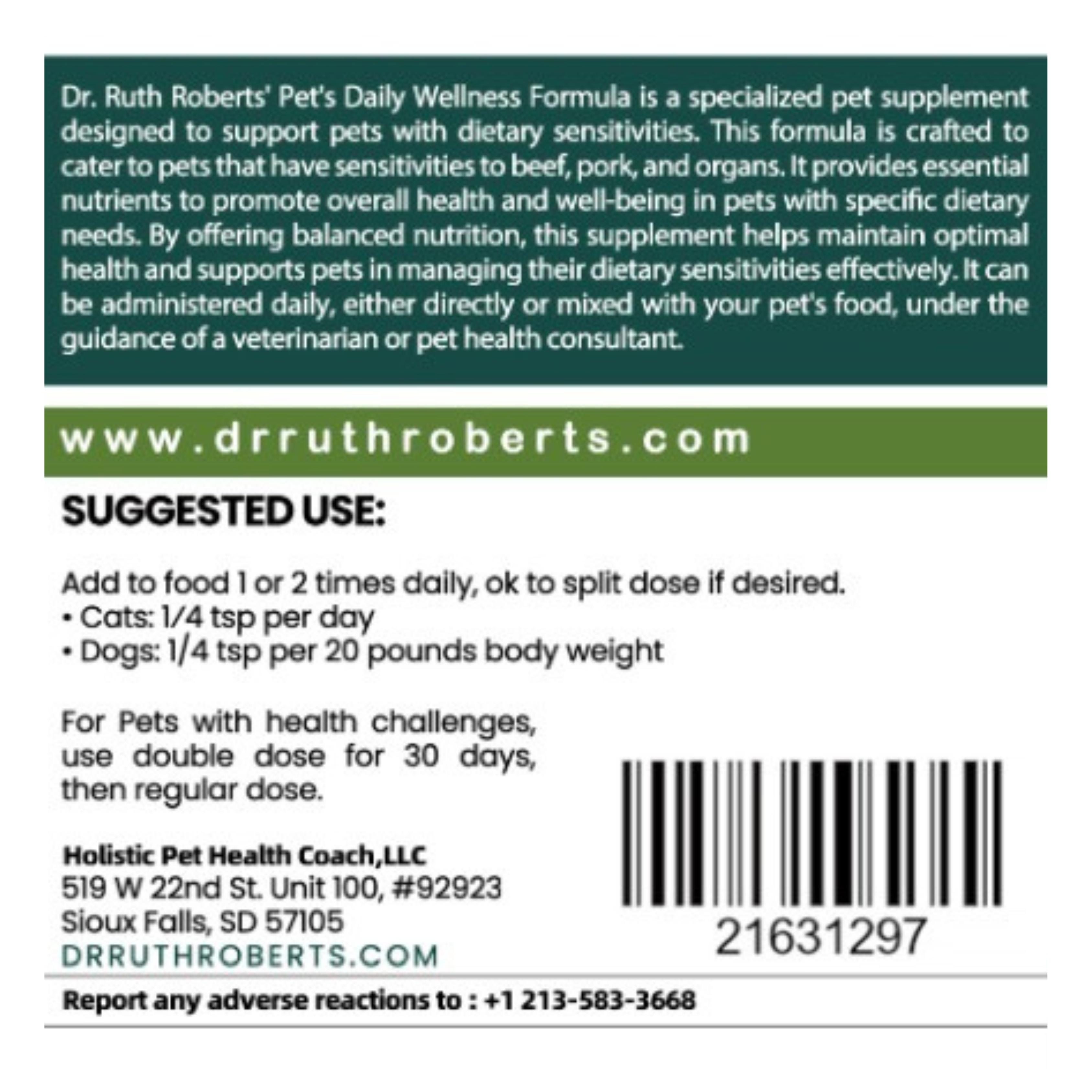 Pet’s Daily Wellness Formula — Glandular-Free Multivitamin for Dogs & Cats | Dr. Ruth Roberts