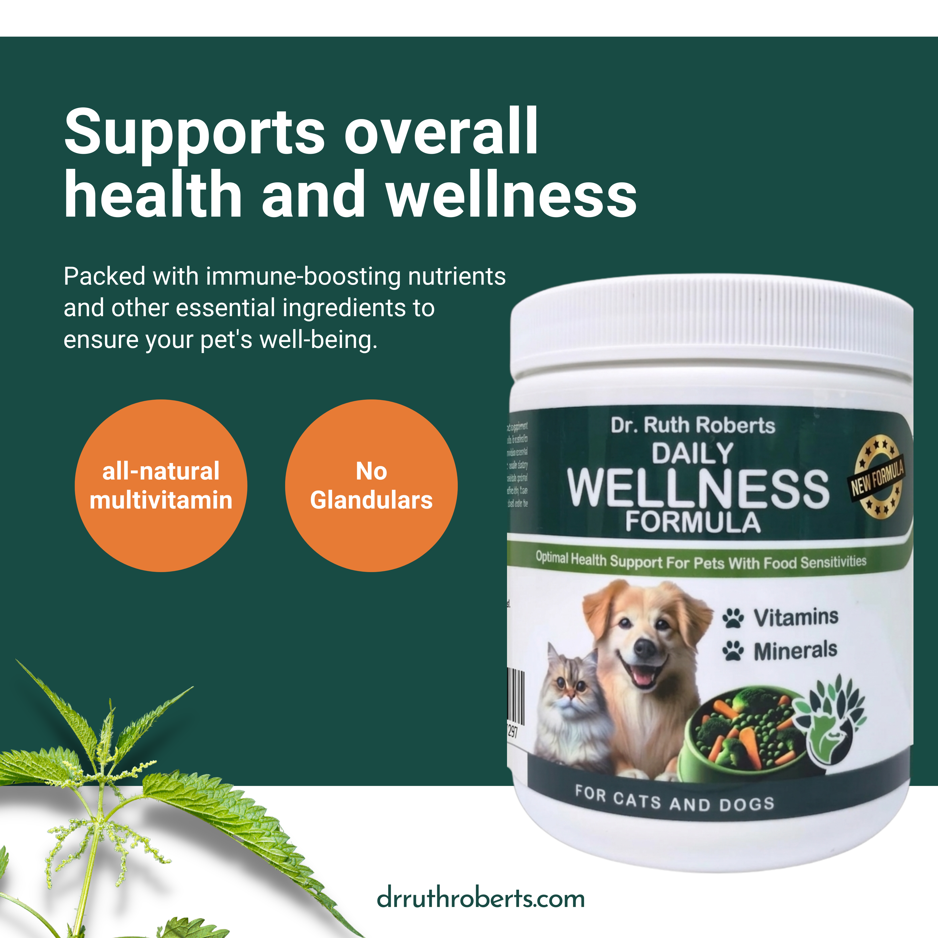 Pet’s Daily Wellness Formula — Glandular-Free Multivitamin for Dogs & Cats | Dr. Ruth Roberts