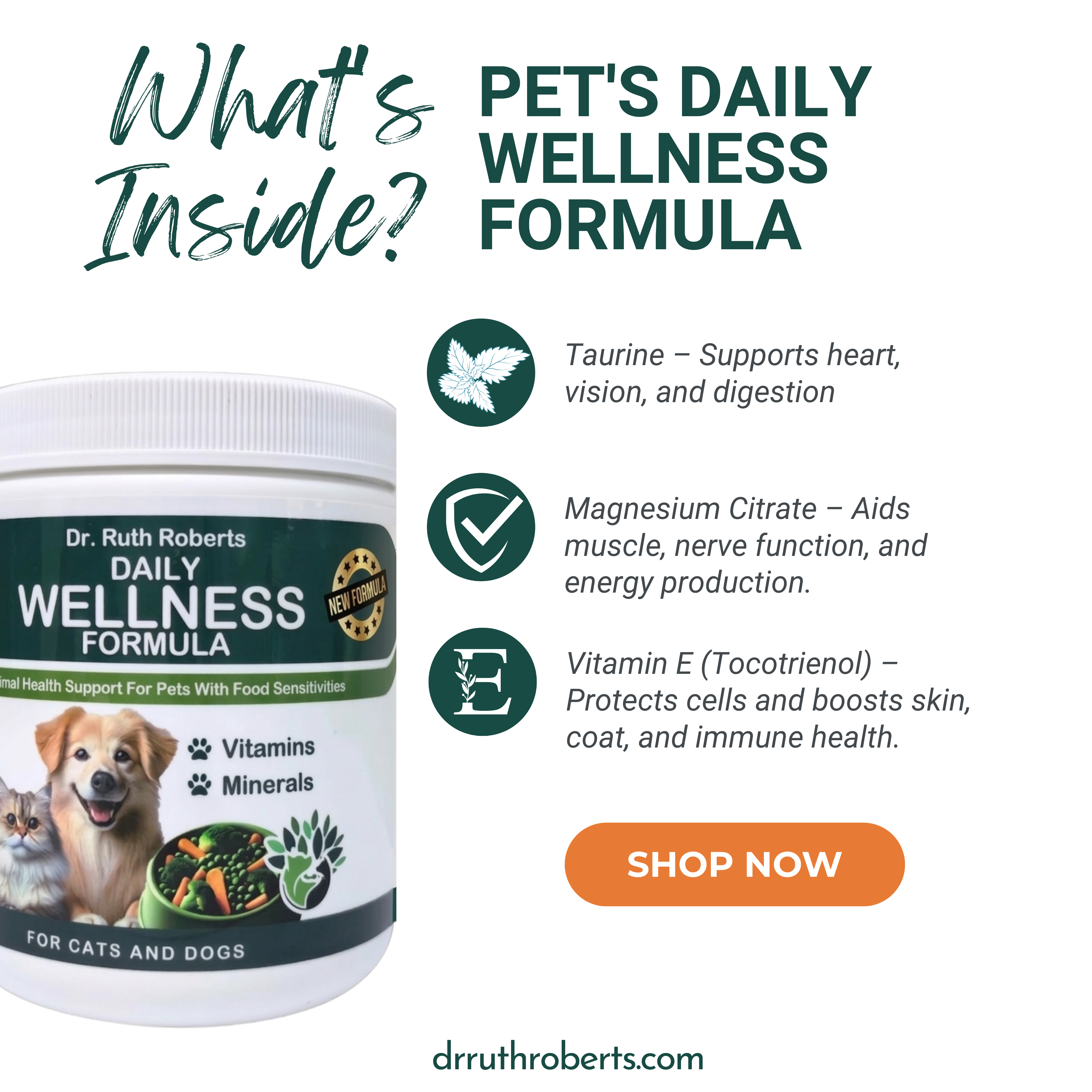 Pet’s Daily Wellness Formula — Glandular-Free Multivitamin for Dogs & Cats | Dr. Ruth Roberts