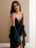 Victorian Lace Silky Lingerie Set – Night Dress & Robe | Black, Wine, Ivory & Pink