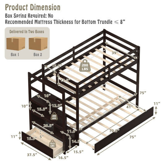 Twin Over Twin Bunk Bed with Storage Shelf and Drawer-Dark Brown