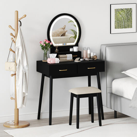 small dressing table black Small Vanity Makeup Dressing Table Set with Cushioned Stool and LED Li –  Zendzy
