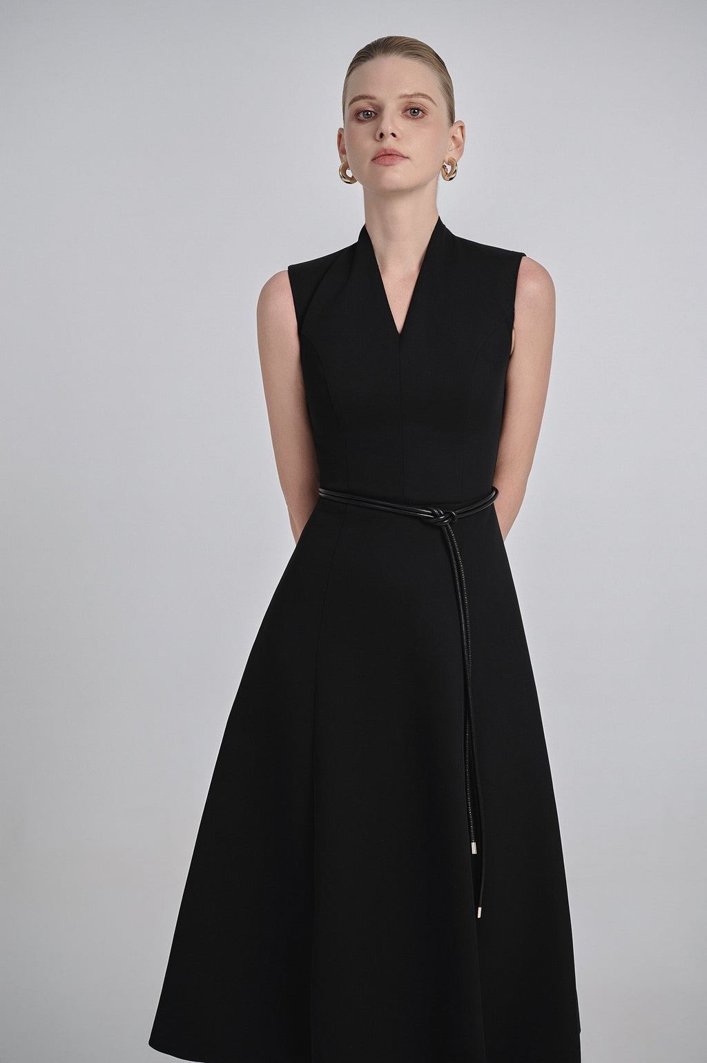 V-Neck Cotton Twill Midi Dress