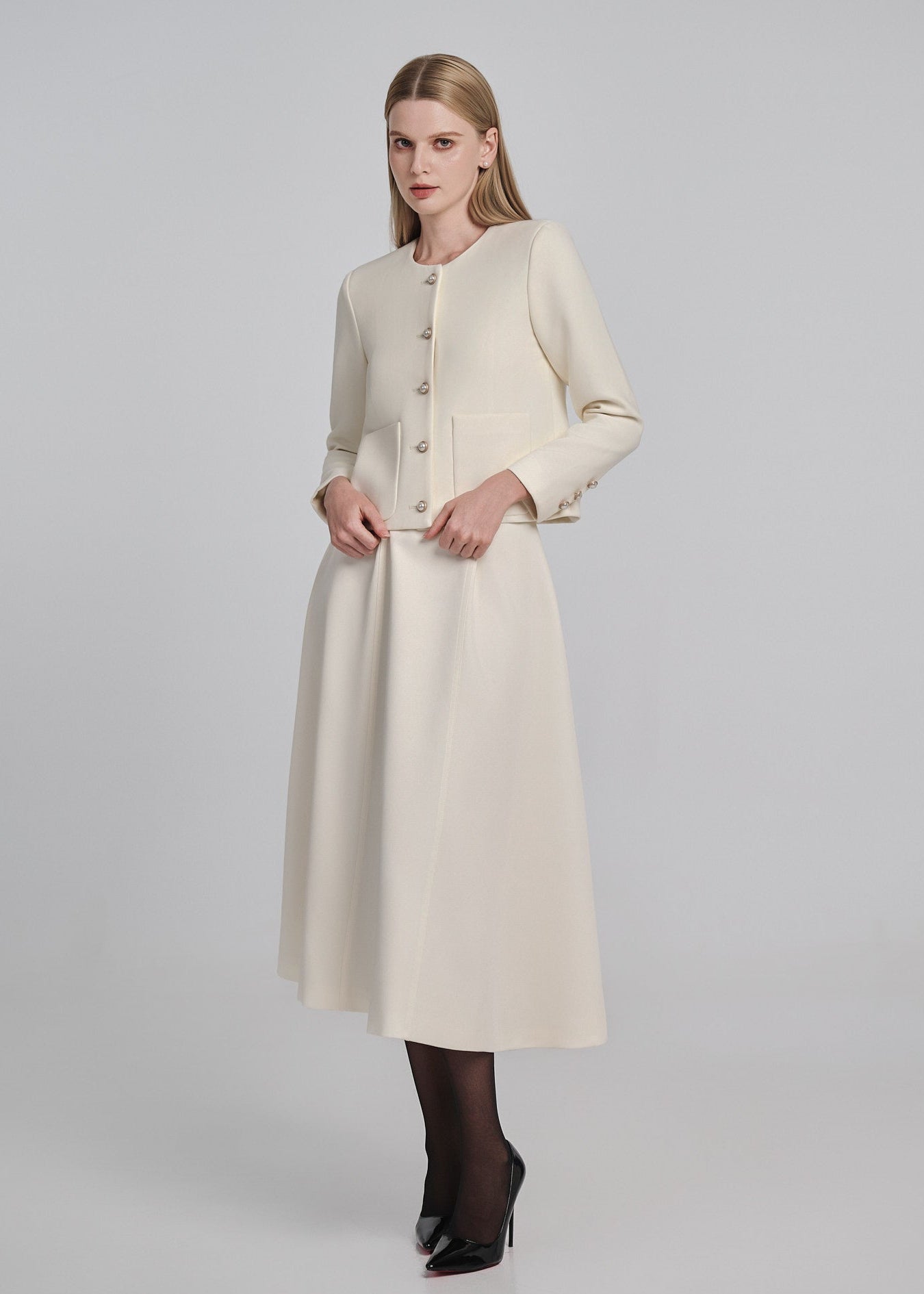 Ribbed Knit Jacket with Pearl Buttons