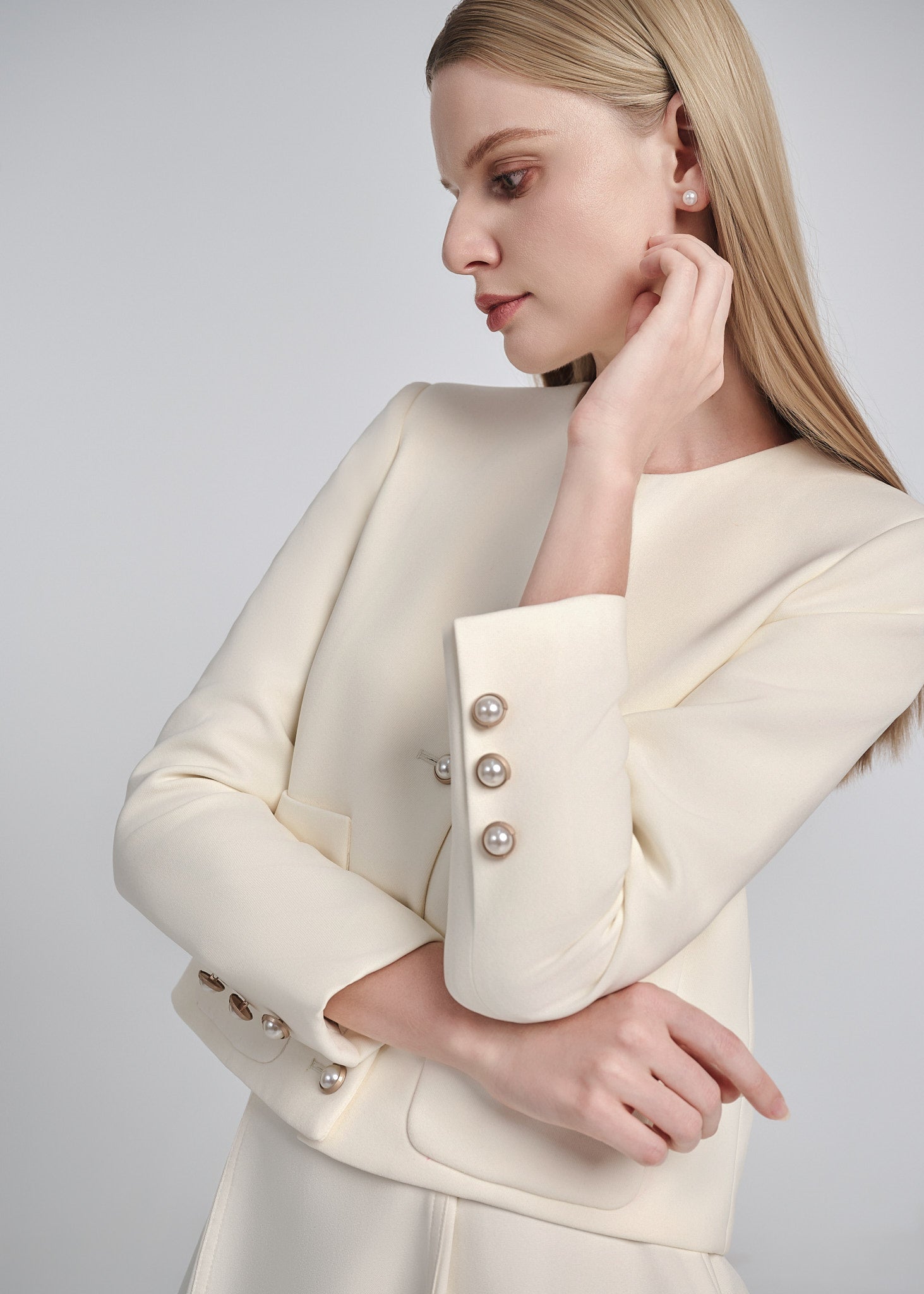 Ribbed Knit Jacket with Pearl Buttons