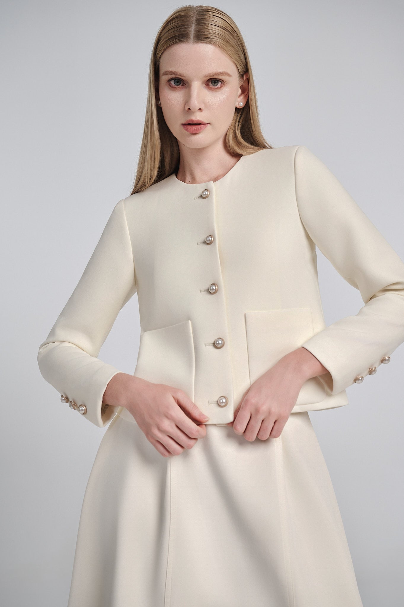 Ribbed Knit Jacket with Pearl Buttons