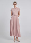 One-Shoulder Pleated Maxi Dress with Belt
