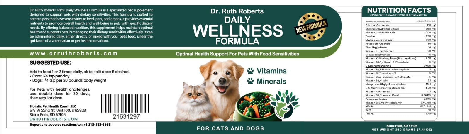 Pet’s Daily Wellness Formula — Glandular-Free Multivitamin for Dogs & Cats | Dr. Ruth Roberts