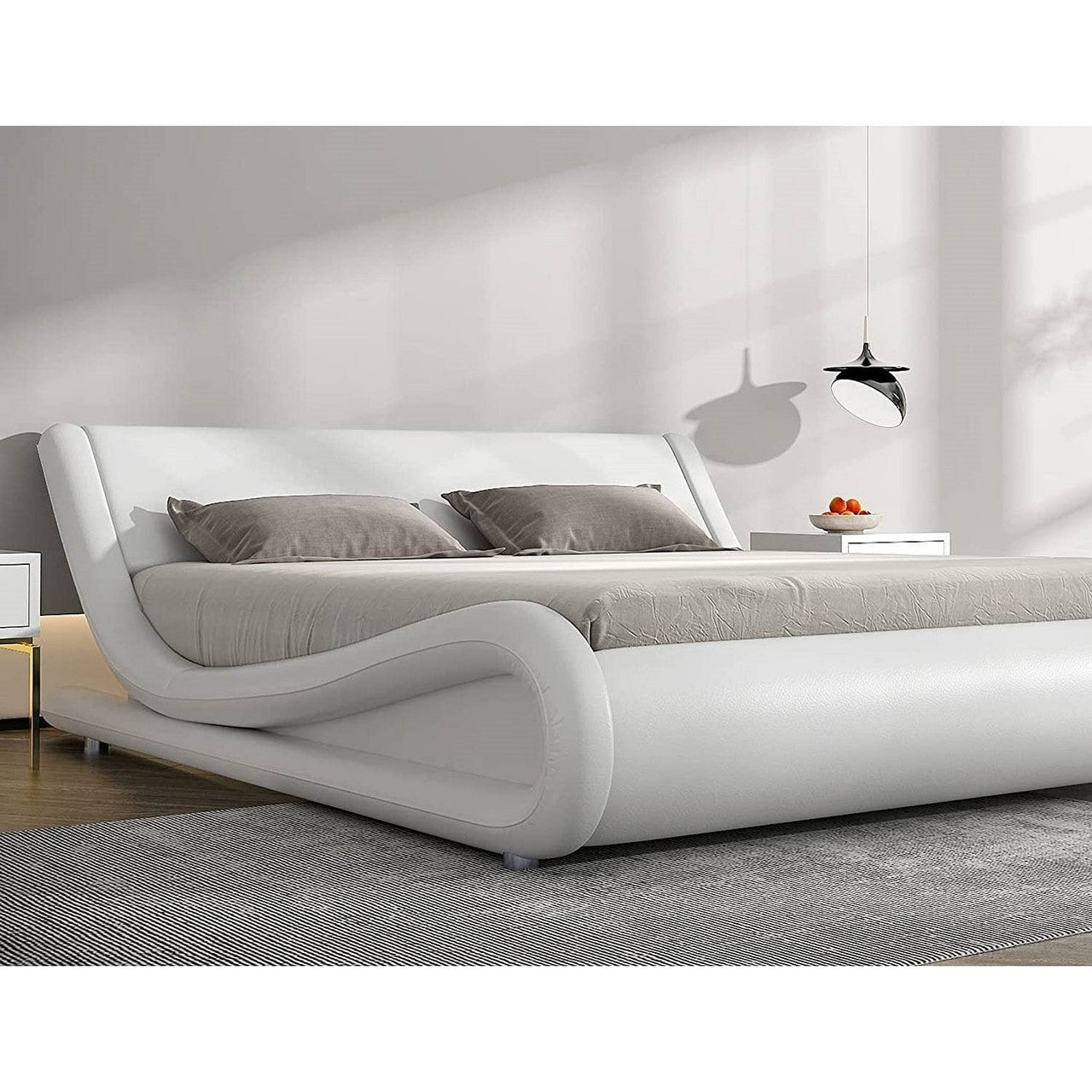 Queen Modern White Faux Leather Upholstered Platform Bed Frame with Headboard