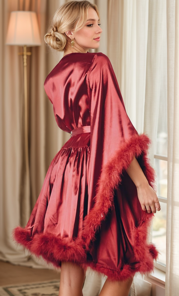 Short Satin Feather Robe – Holiday Photoshoot, Christmas Gift & Glam Party Outfit