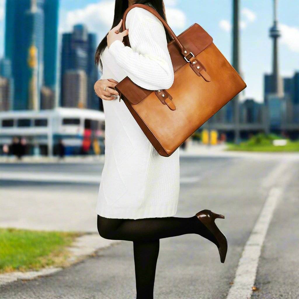 The Signature 17" Leather Laptop Bag, Tan Flap