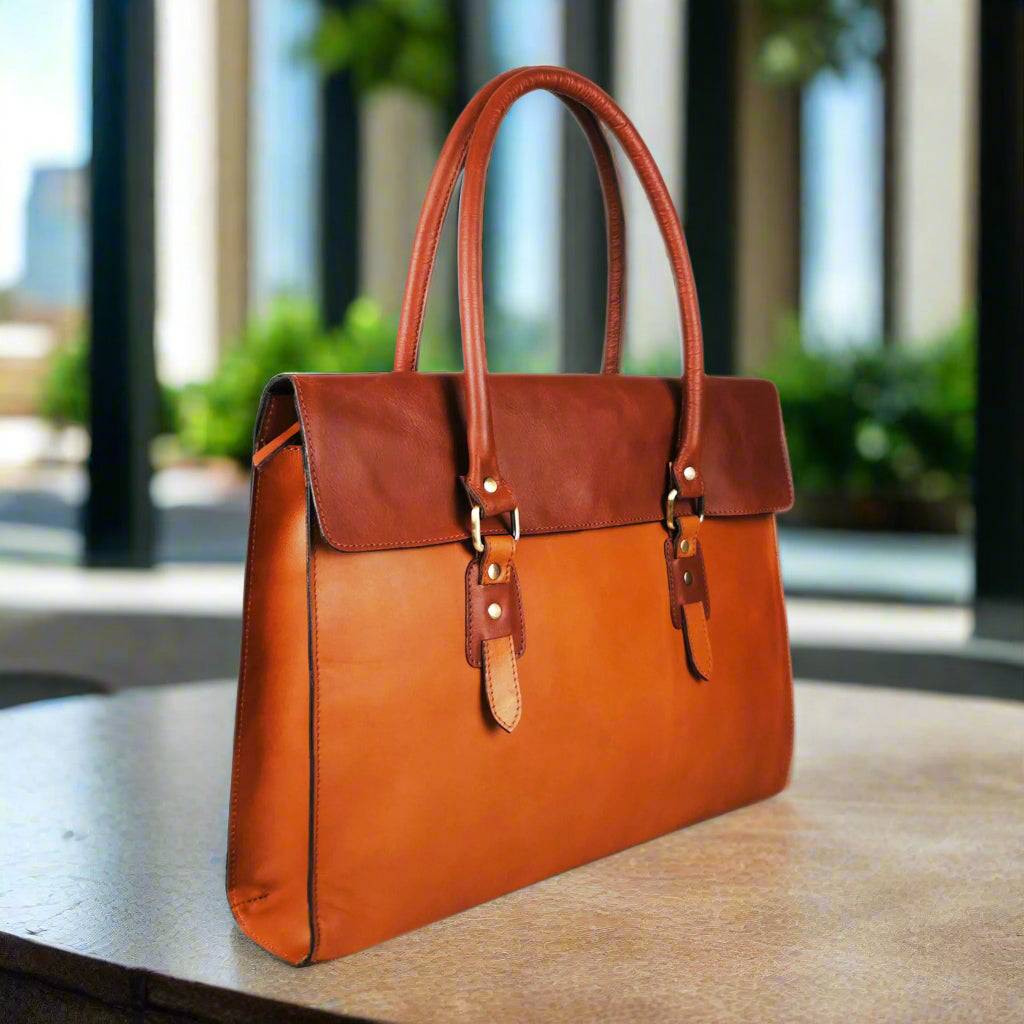 The Signature 17" Leather Laptop Bag, Tan Flap