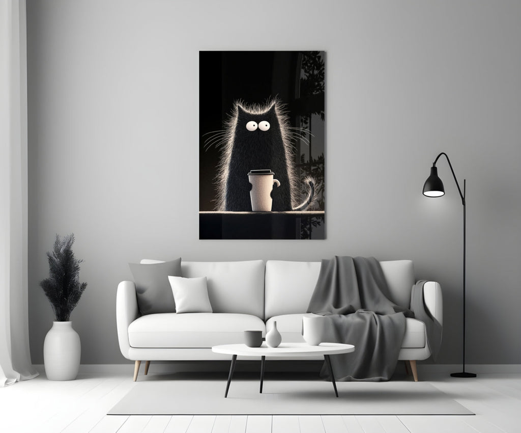 Coffee Lover Cat Glass Wall Art || Designer Collection