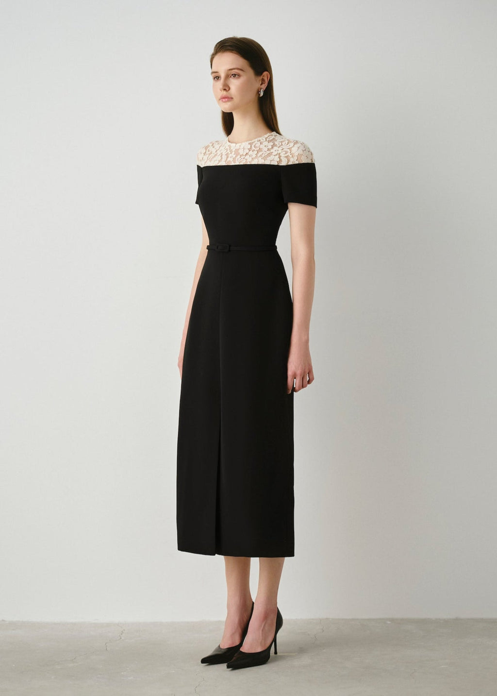Crepe Midi Dress with Lace Detail