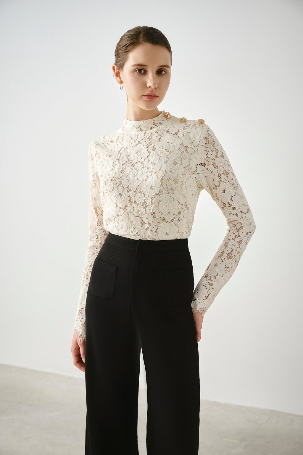 Button Shoulder Lace Top
