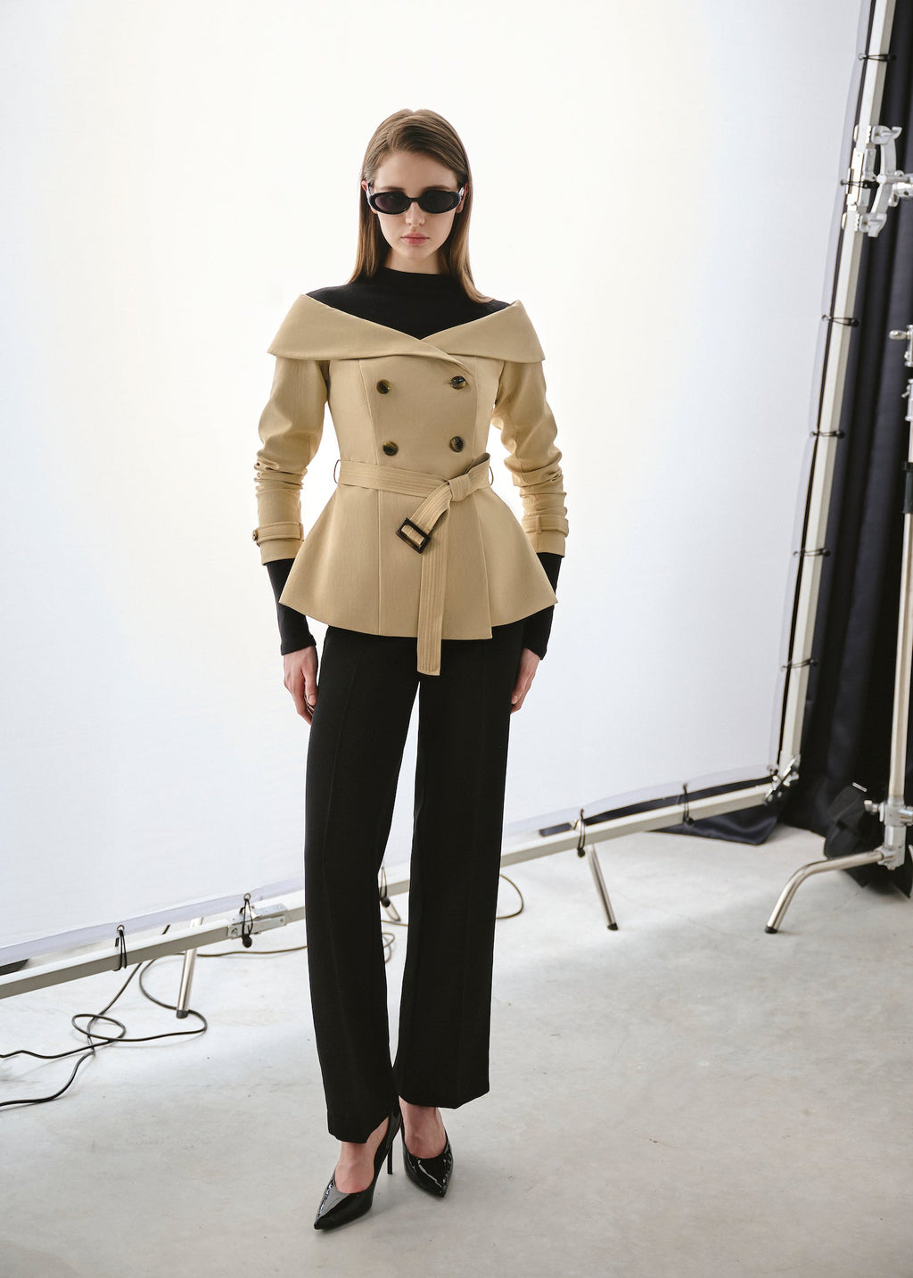 Off-Shoulder Belted Trench Jacket