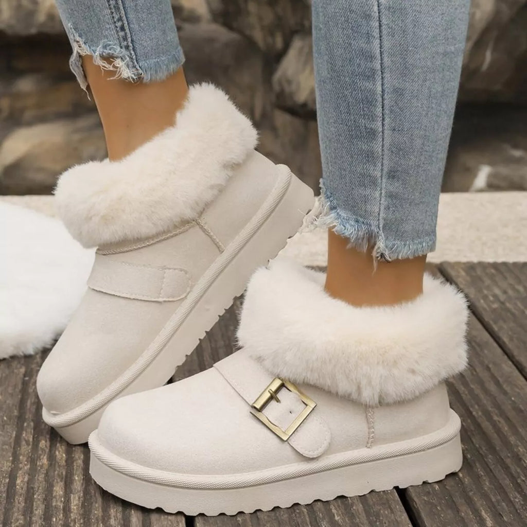 Fuzzy Trim Buckle Accent Winter Boots