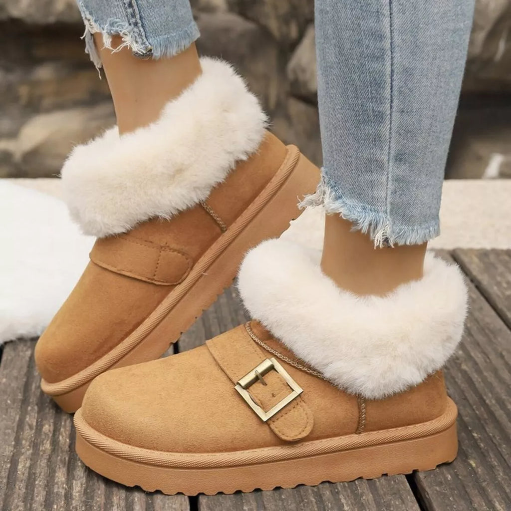 Fuzzy Trim Buckle Accent Winter Boots