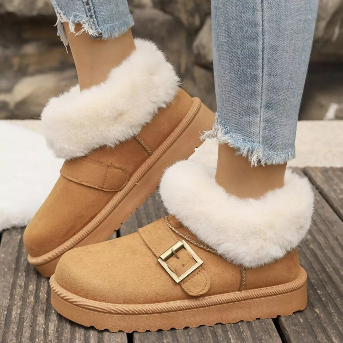 Fuzzy Trim Buckle Accent Winter Boots