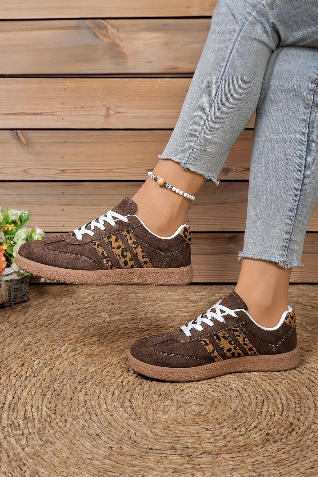 Coffee Leopard Patchwork Faux Suede Lace-Up Shoes
