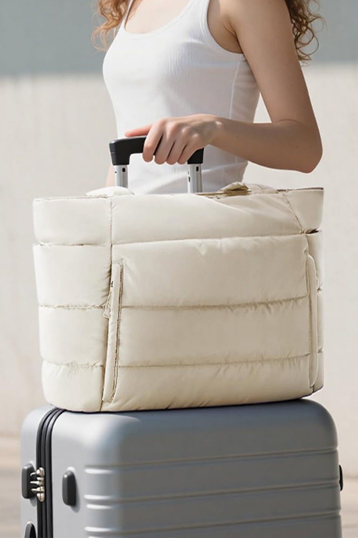 White Solid Color Puffy Quilted Large Tote Bag