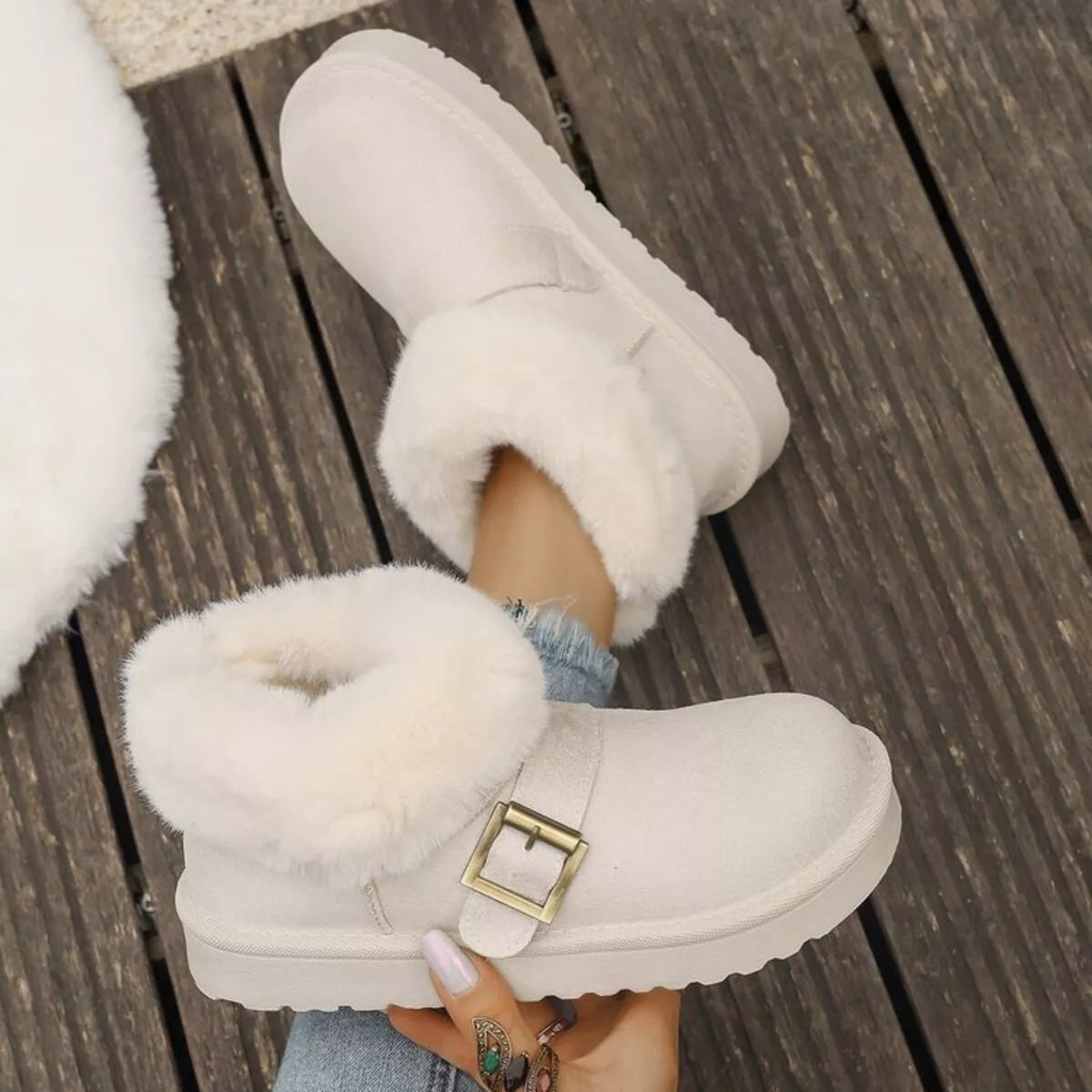 Fuzzy Trim Buckle Accent Winter Boots