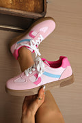 Rose Red Color Block Lace-Up Flat Shoes