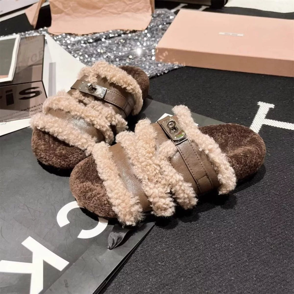 Fuzzy Buckle Accent Plush Slippers