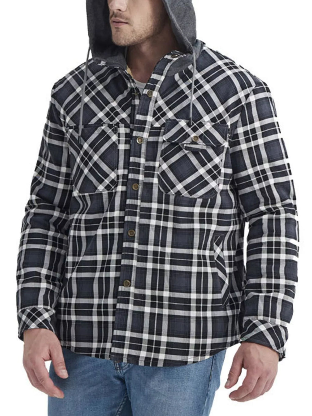 Men's Snap Down Plaid Flannel Hooded Jacket