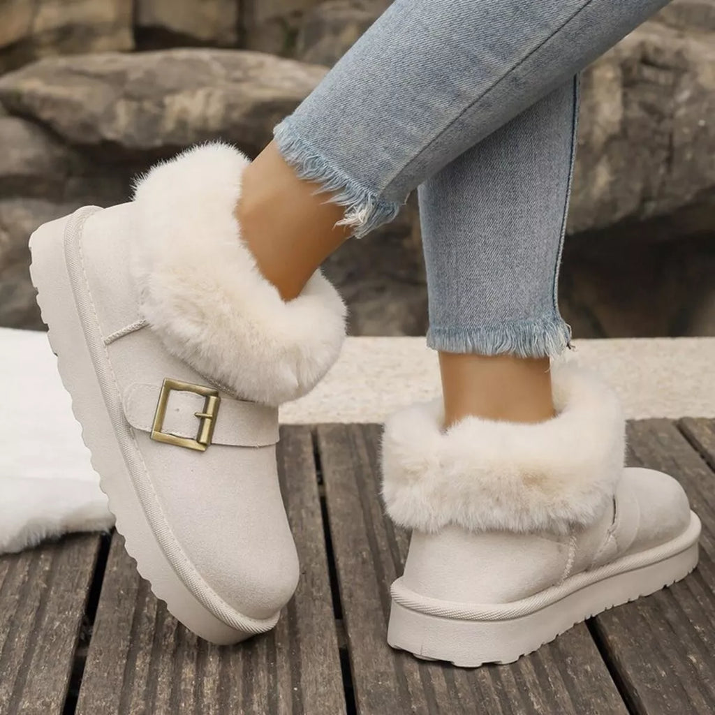 Fuzzy Trim Buckle Accent Winter Boots