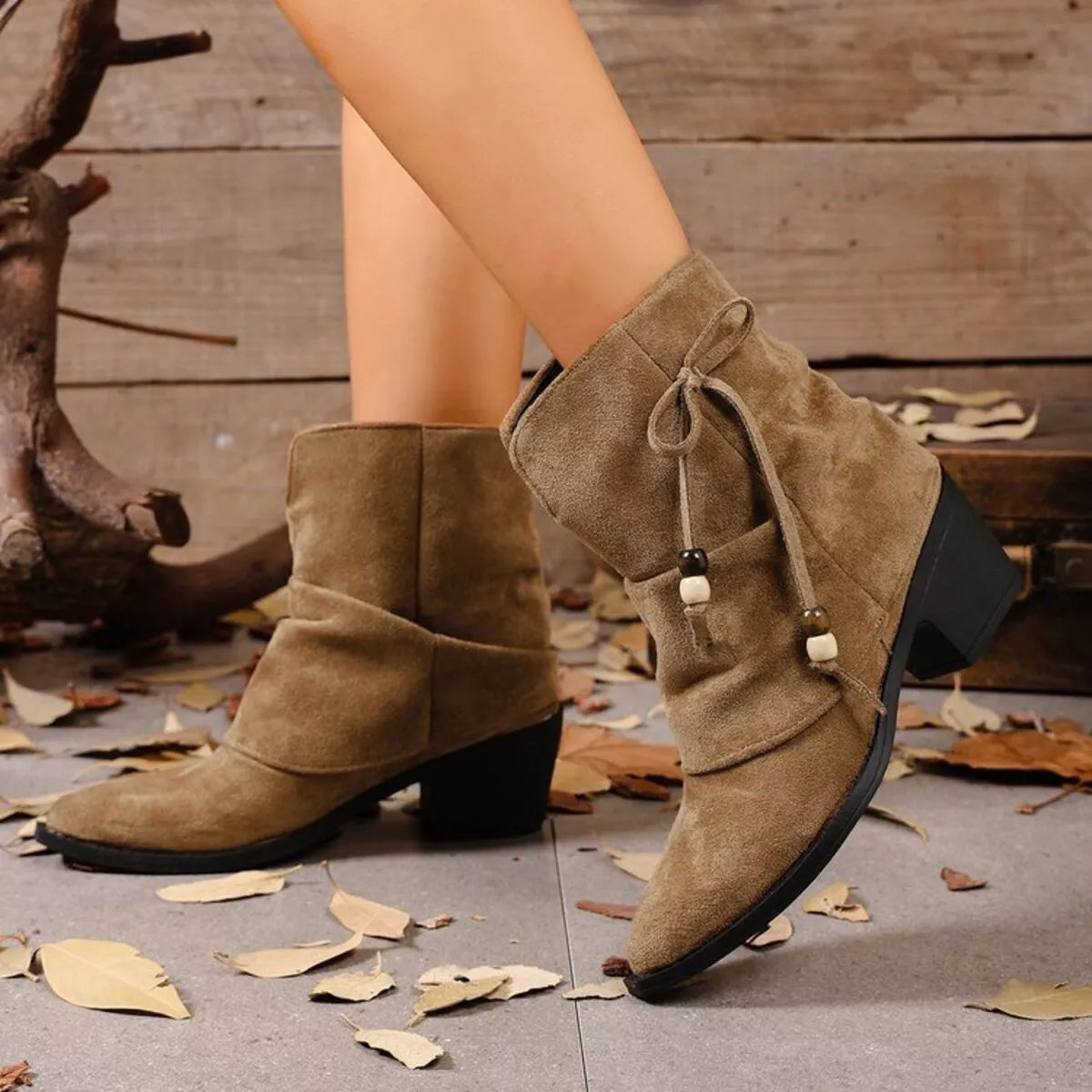 Suede Ankle Boots with Bow Accent