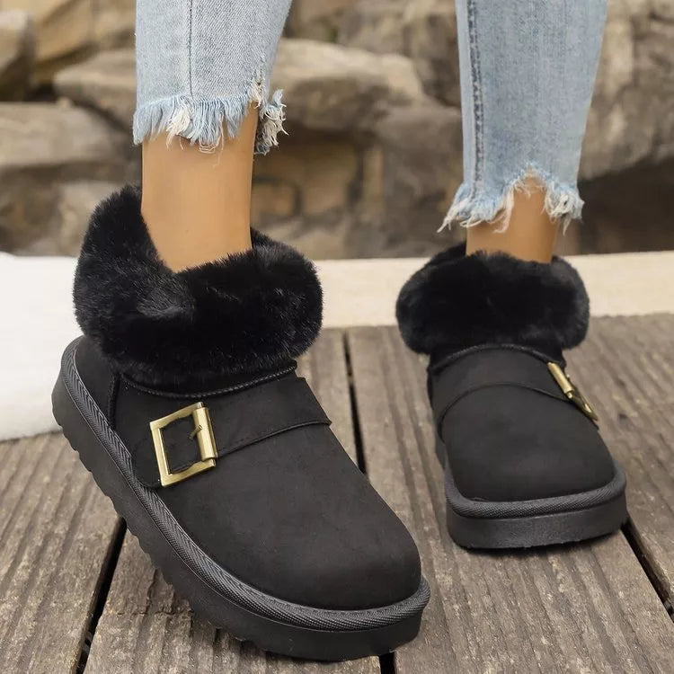 Fuzzy Trim Buckle Accent Winter Boots
