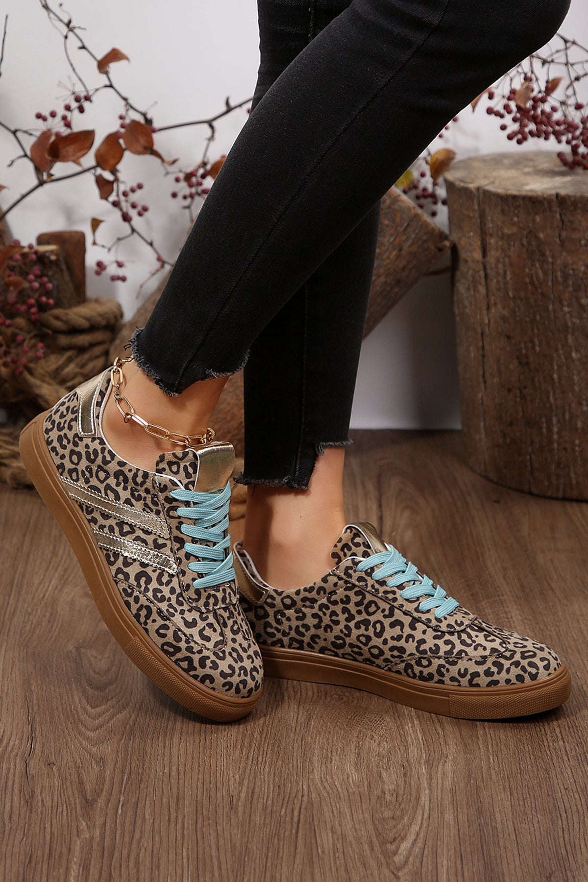 Coffee Leopard Print Faux Suede Lace-Up Sneakers