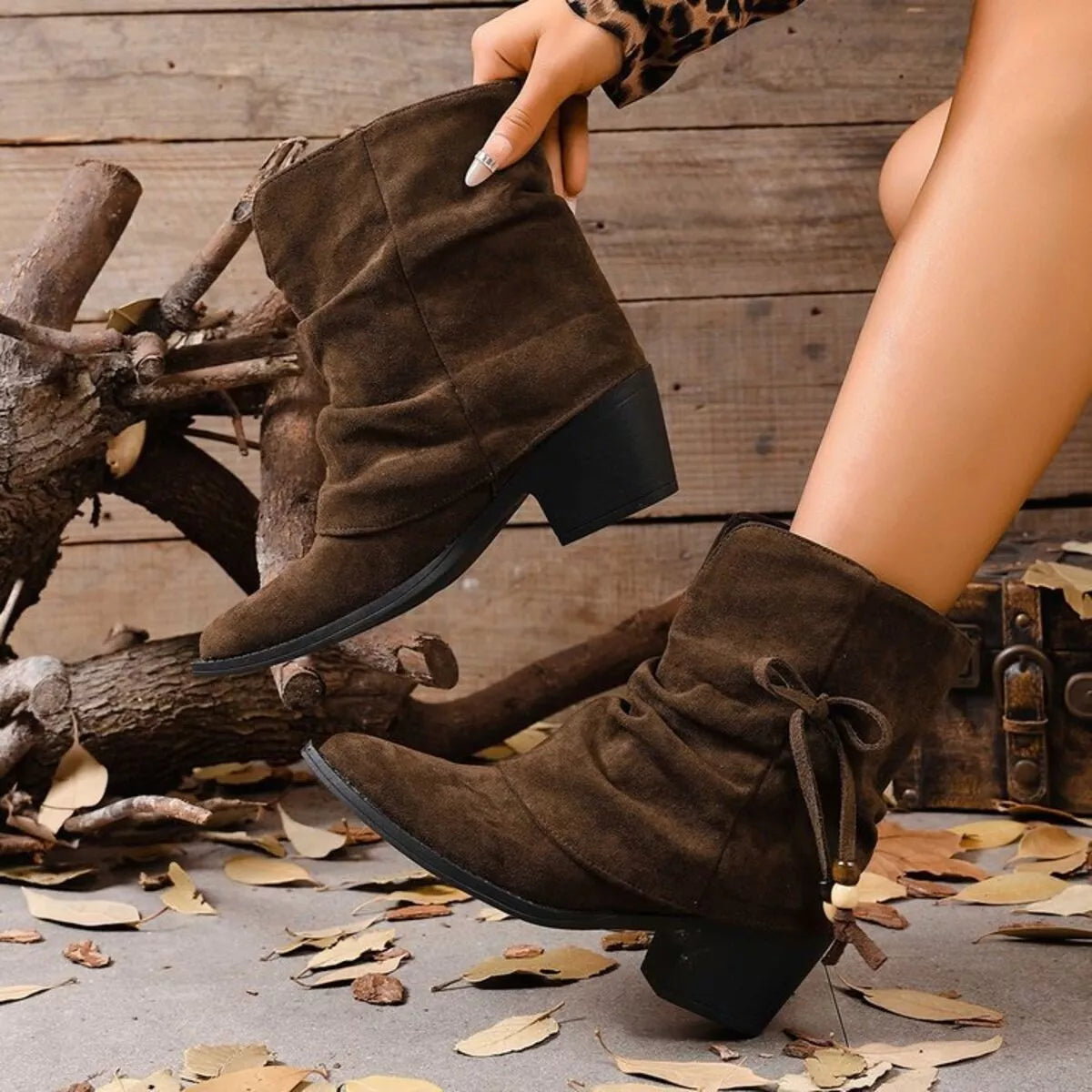 Suede Ankle Boots with Bow Accent