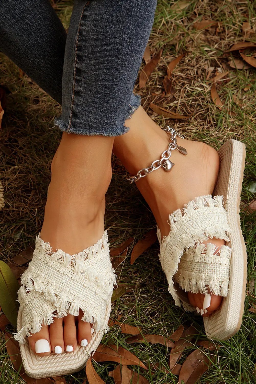 Women's Slippers - Woven Tassel Detail - Bohemian Flats