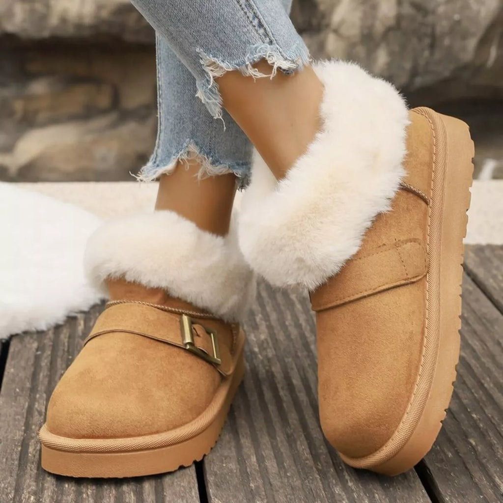 Fuzzy Trim Buckle Accent Winter Boots