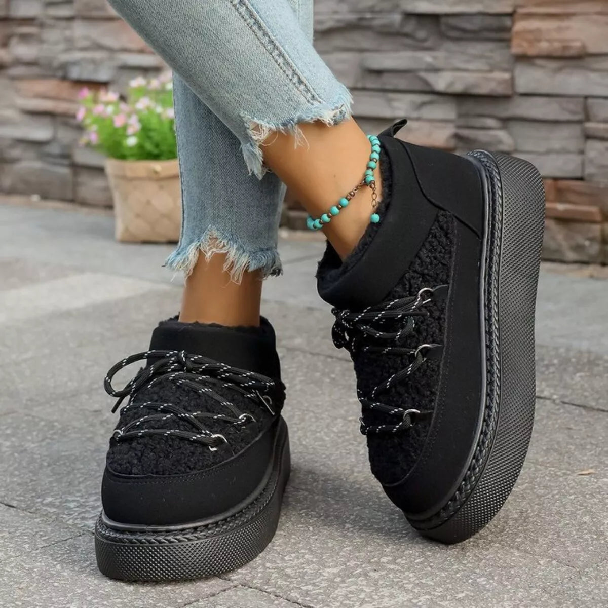 Cozy Plush Lined Lace-Up Platform Winter Boots