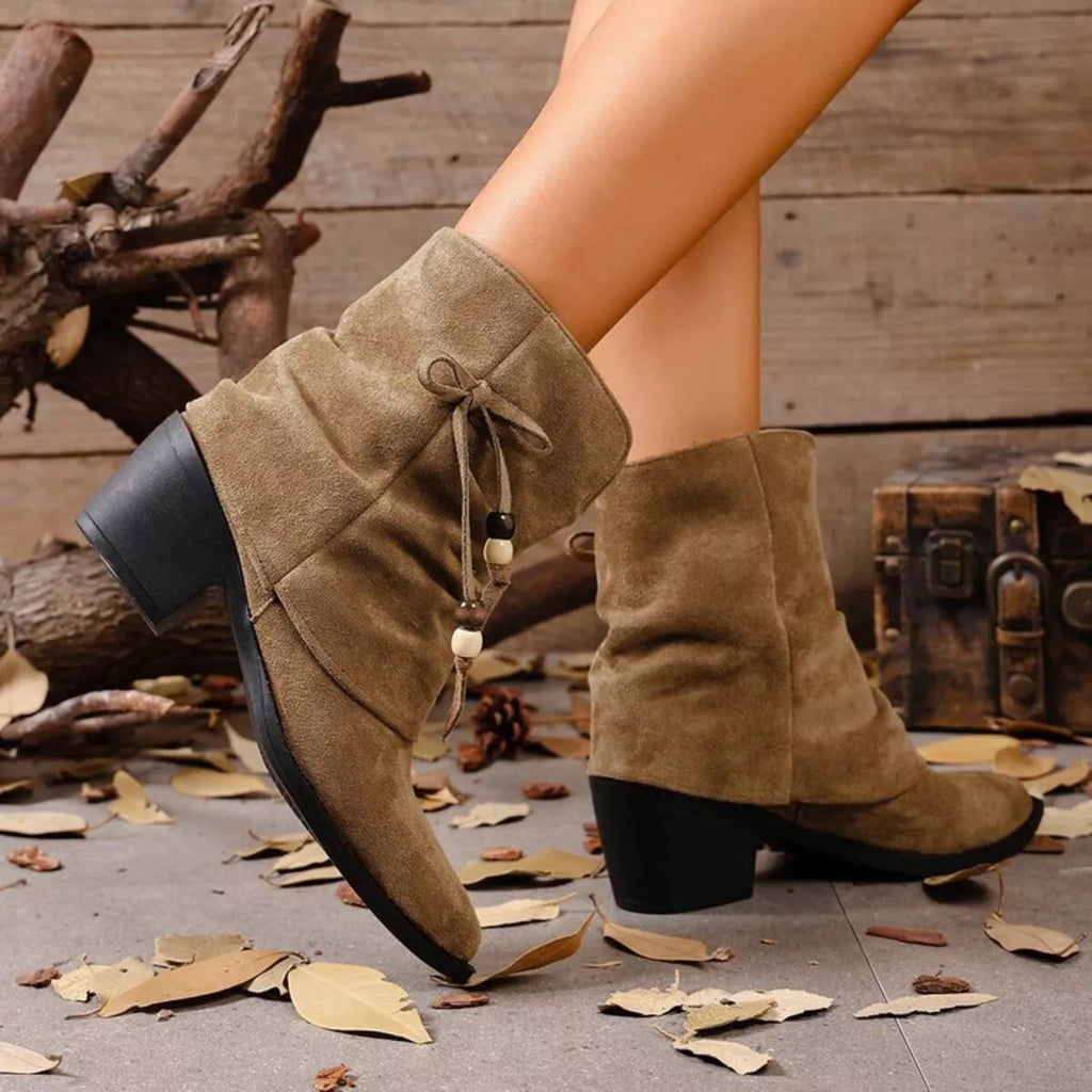 Suede Ankle Boots with Bow Accent