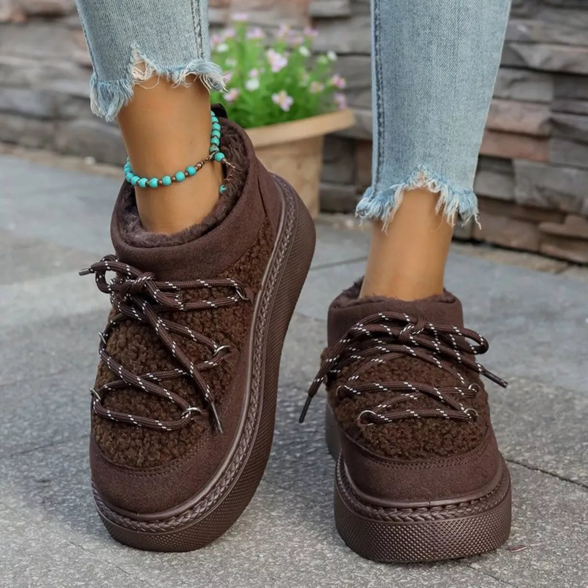 Cozy Plush Lined Lace-Up Platform Winter Boots
