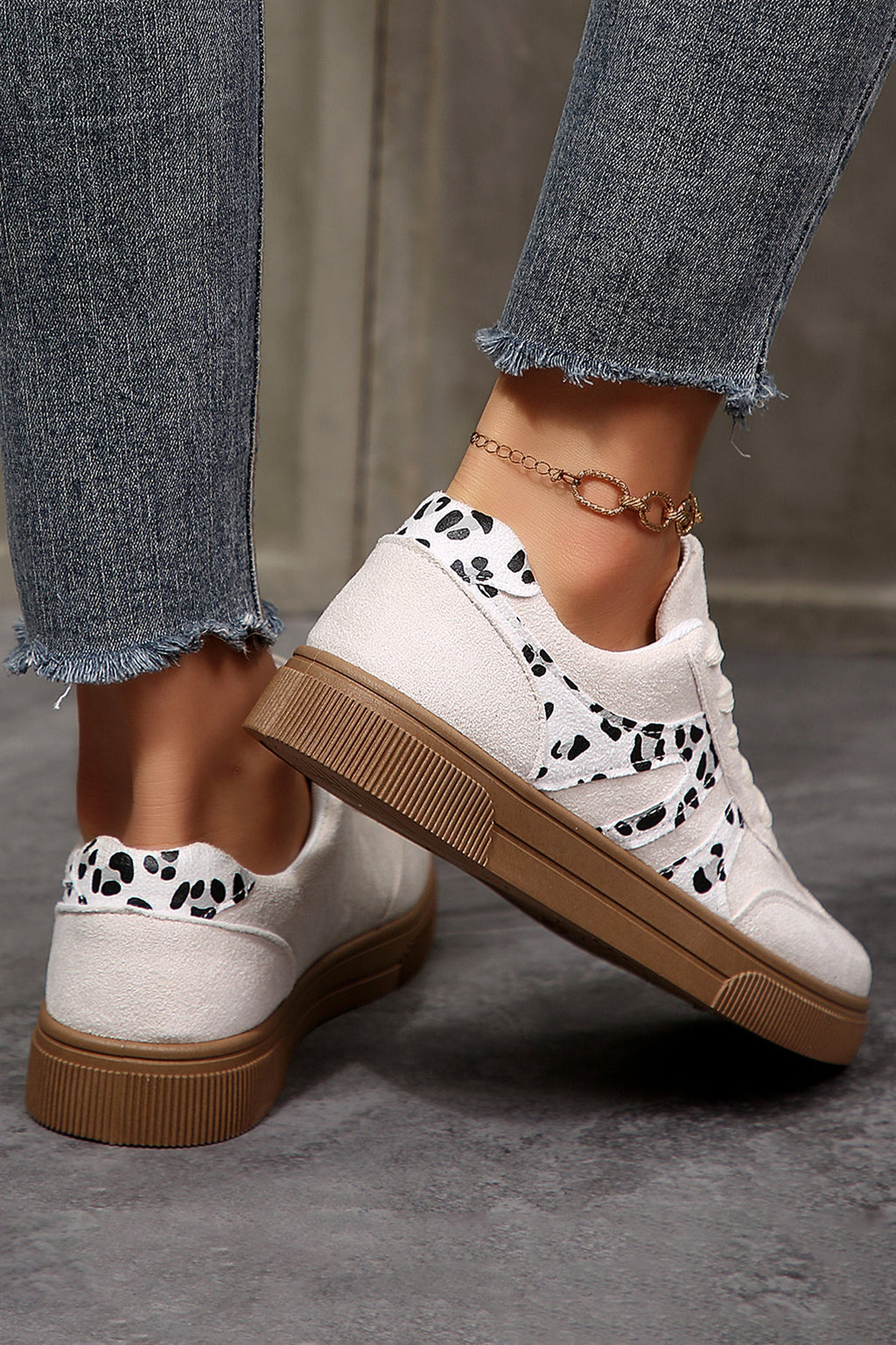 White Suede Leopard Color Block Lace-Up Casual Shoes