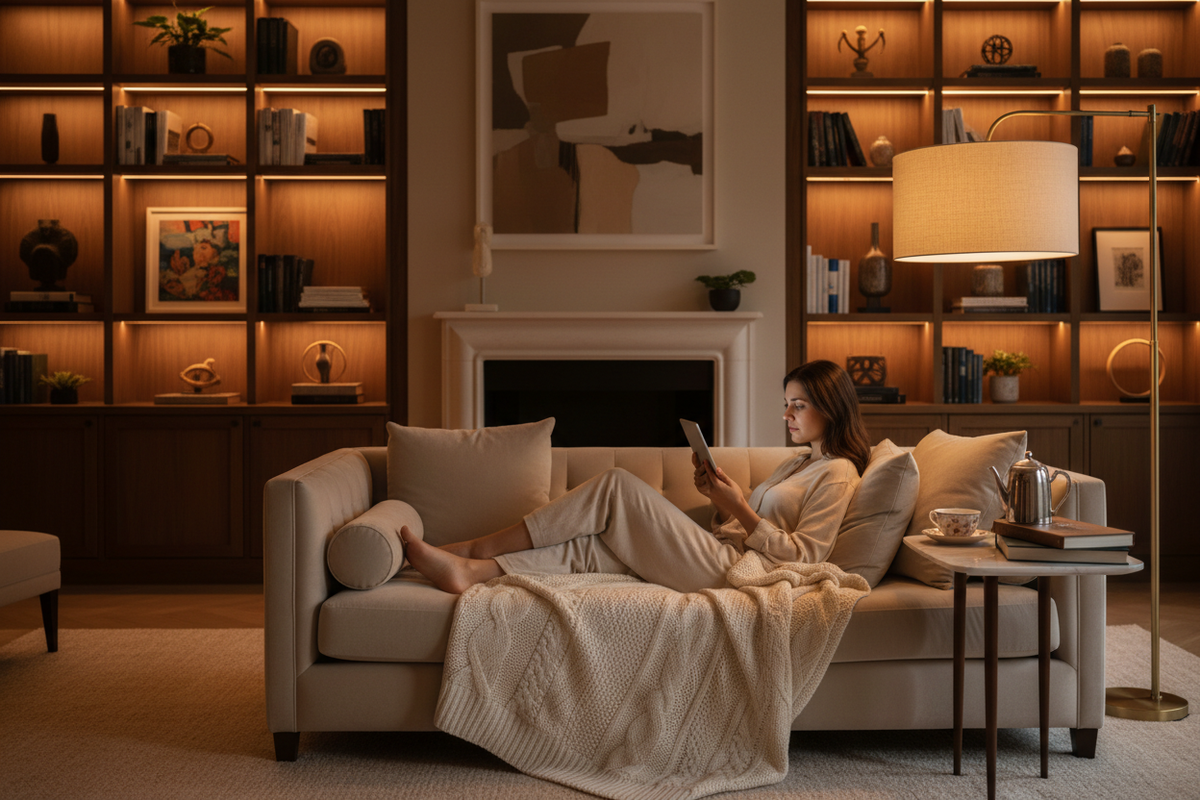 Digital products collection — person reading ebook on tablet in cozy luxury setting