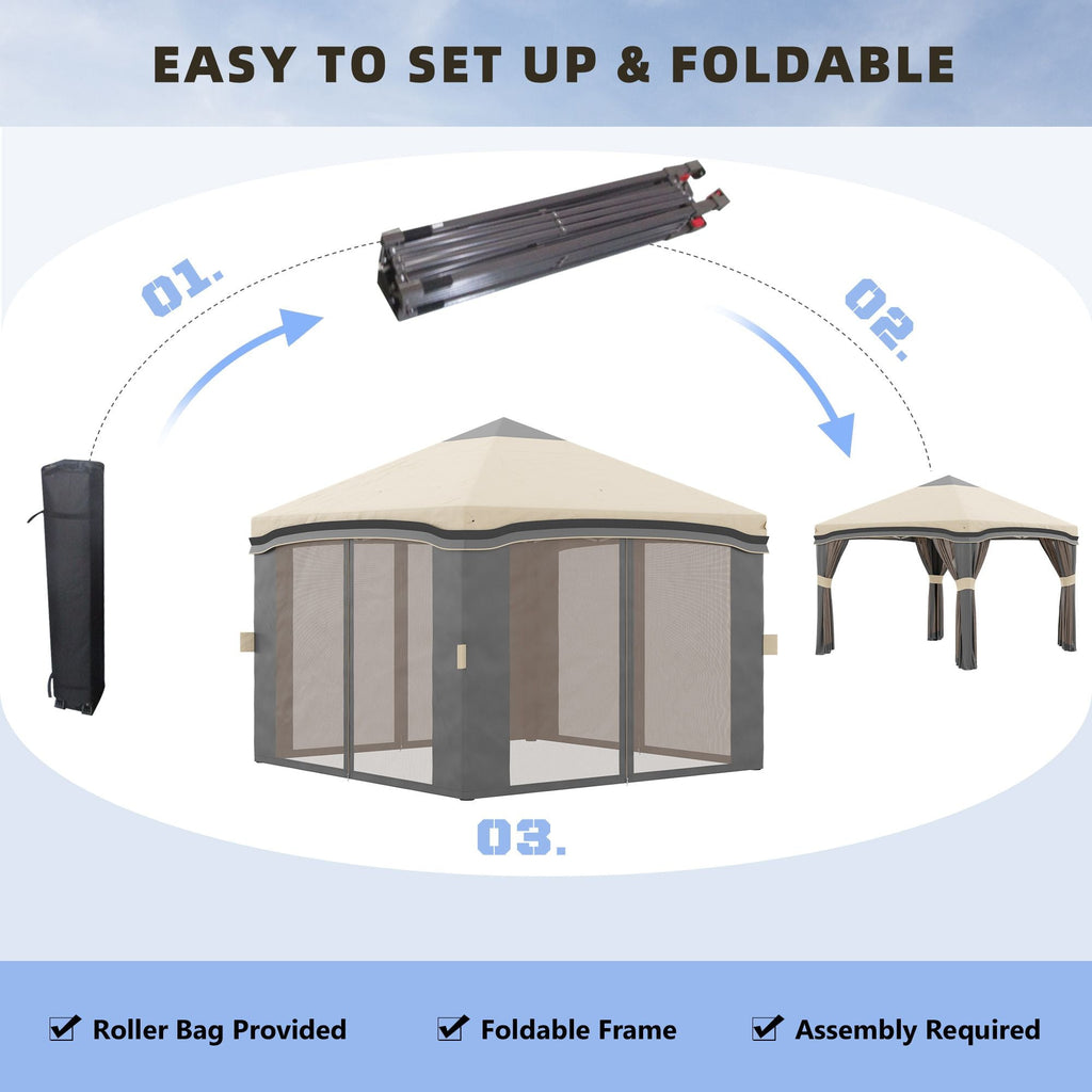 10x10 Pop Up Canopy, Netting, Foldable, Height Adjustable, Wheeled Carry Bag, 4 Sand Bags, Beige