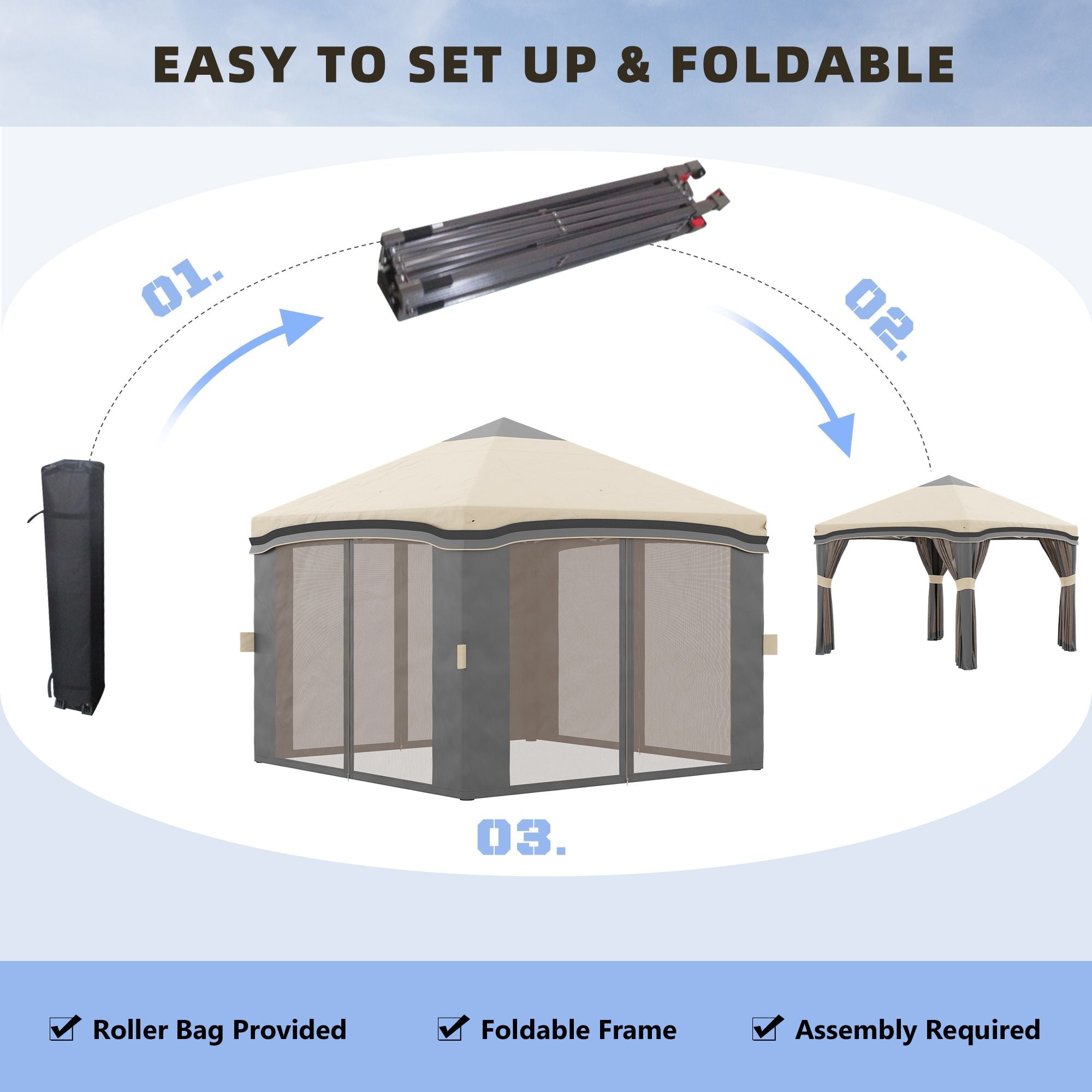 10x10 Pop Up Canopy, Netting, Foldable, Height Adjustable, Wheeled Carry Bag, 4 Sand Bags, Beige
