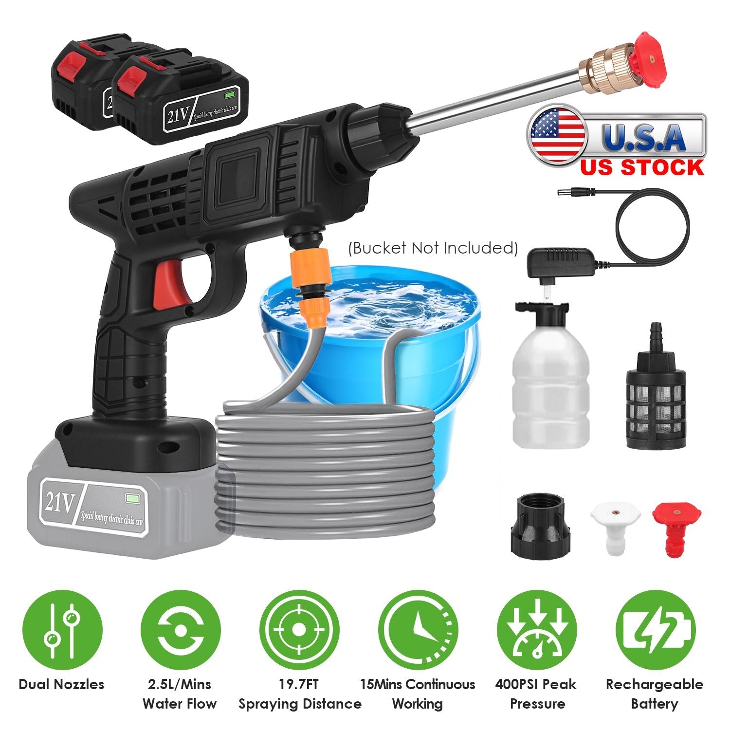 Cordless Pressure Washer Portable Electric Power Washer High Pressure Water Sprayer 400PSI Car Washer Cleaner with 0° & 40° Nozzle Foam Bottle Filter 1200mAh 21V Battery and Charger