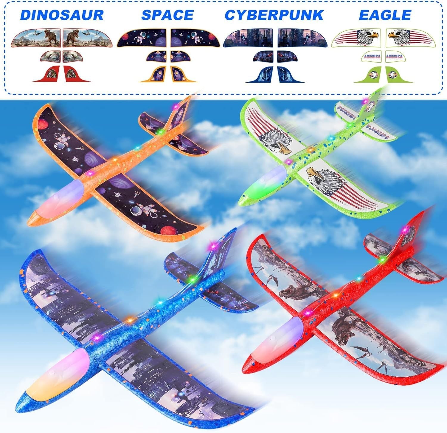 4 Pack Airplane Launcher Toys, 2 Flight Modes LED Foam Plane Toy for Boys, Outdoor Flying Toys Birthday Gifts for Boys Girl 4 5 6 7 8 9 10 11 12 Year Old