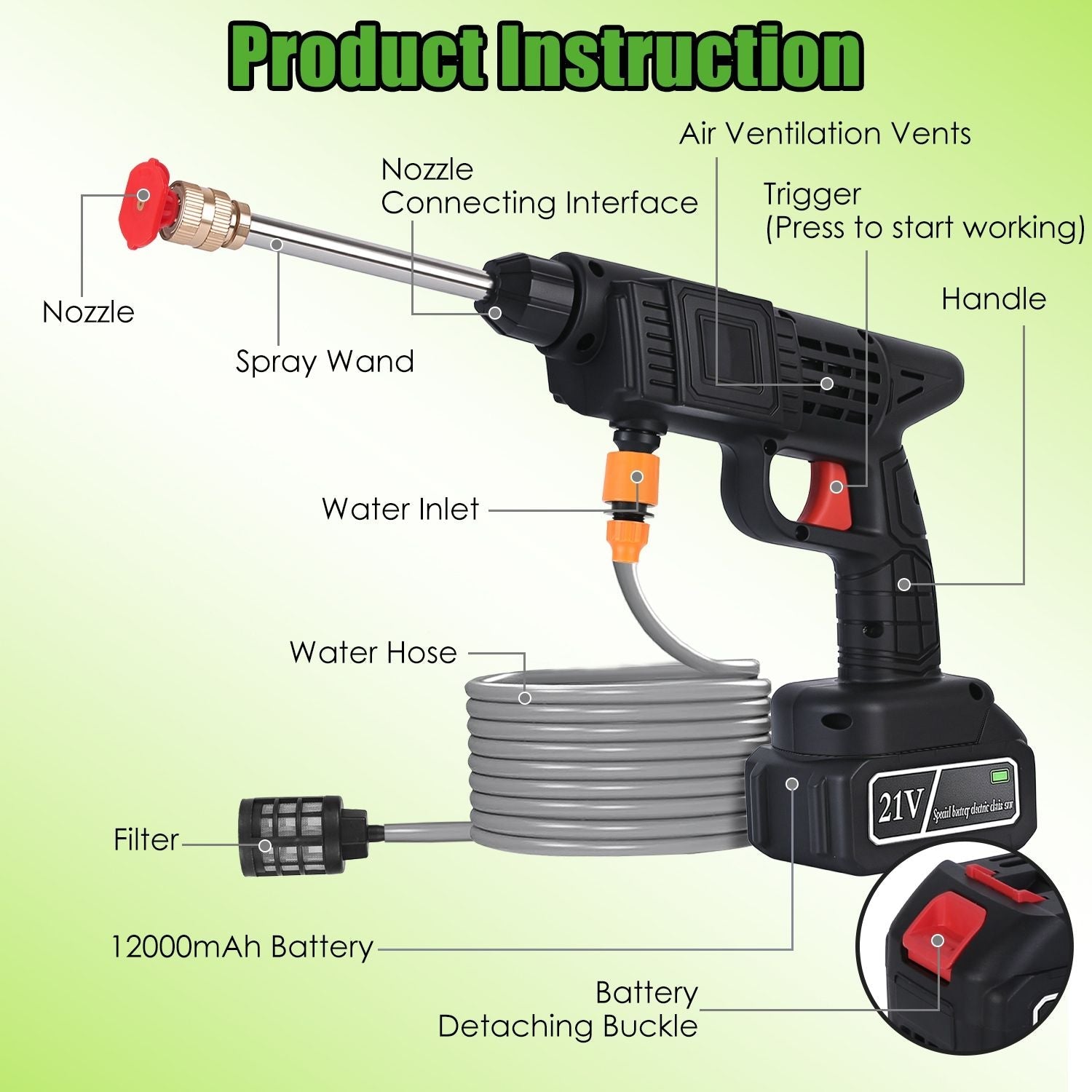 Cordless Pressure Washer Portable Electric Power Washer High Pressure Water Sprayer 400PSI Car Washer Cleaner with 0° & 40° Nozzle Foam Bottle Filter 1200mAh 21V Battery and Charger